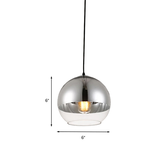 Globe Pendant Light Fixture Vintage Silver and Clear Glass 1 Head Bedroom Hanging Lamp, 6"/8"/10" Wide Clearhalo 'Ceiling Lights' 'Glass shade' 'Glass' 'Modern Pendants' 'Modern' 'Pendant Lights' 'Pendants' Lighting' 263115