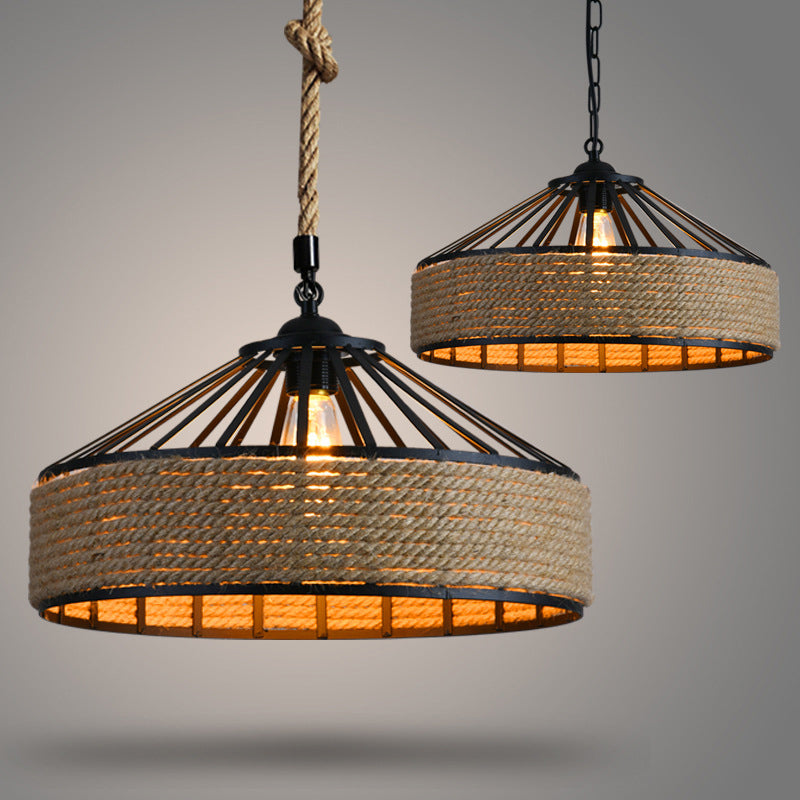 Barn Shaped Pendant Light Industrial Style Hemp Rope Hanging Lamp with 31.5" Adjustable Hanging Rope Clearhalo 'Ceiling Lights' 'Pendant Lights' 'Pendants' Lighting' 2631266