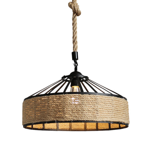 Barn Shaped Pendant Light Industrial Style Hemp Rope Hanging Lamp with 31.5" Adjustable Hanging Rope Black Clearhalo 'Ceiling Lights' 'Pendant Lights' 'Pendants' Lighting' 2631270