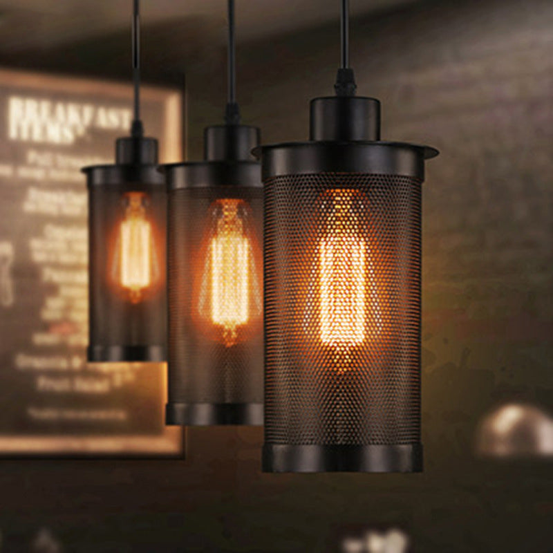 Black Cylindrical Iron Cage Hanging Light Retro Industrial Style Single Bulb Pendant Fixture Clearhalo 'Ceiling Lights' 'Pendant Lights' 'Pendants' Lighting' 2631282