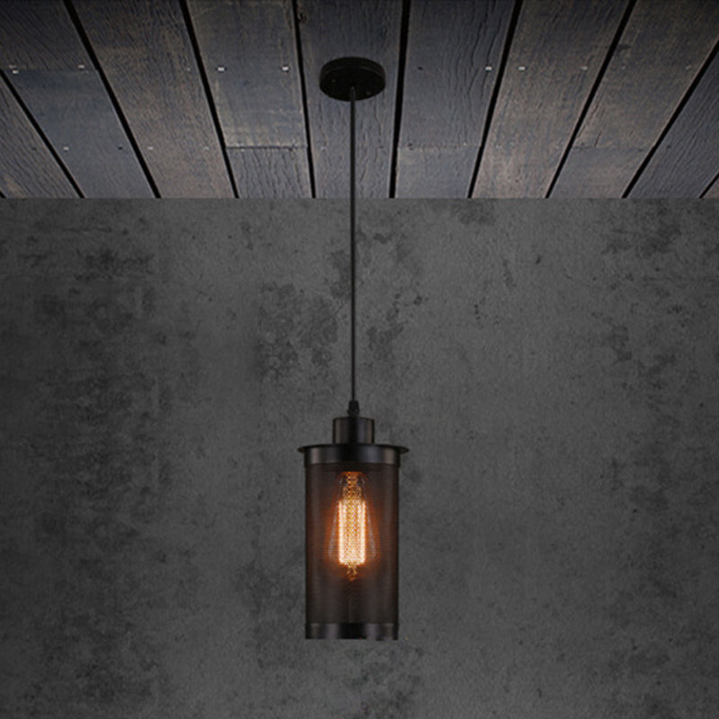 Black Cylindrical Iron Cage Hanging Light Retro Industrial Style Single Bulb Pendant Fixture Black Clearhalo 'Ceiling Lights' 'Pendant Lights' 'Pendants' Lighting' 2631283