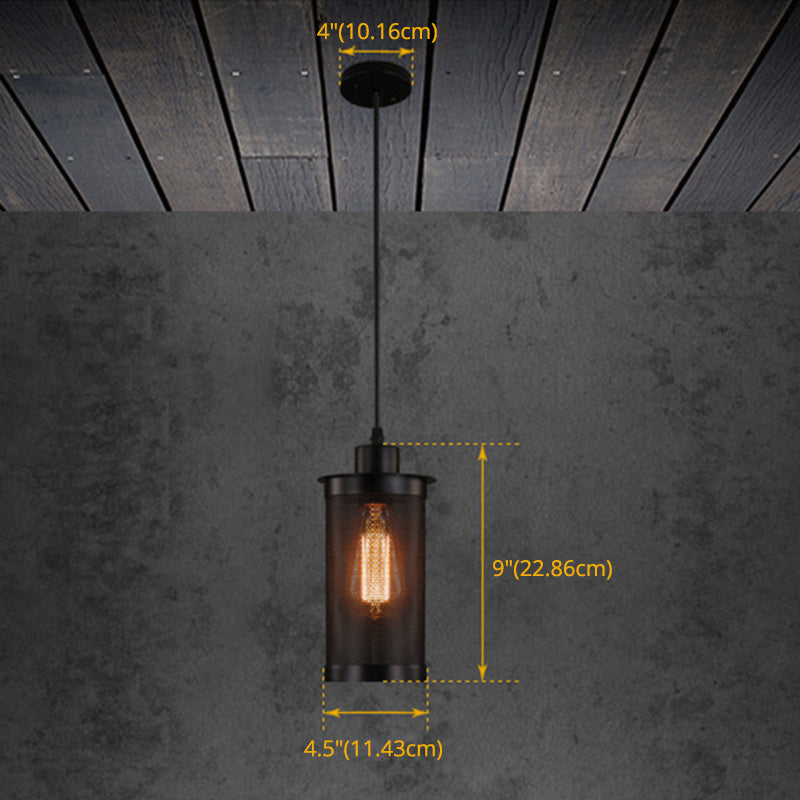 Black Cylindrical Iron Cage Hanging Light Retro Industrial Style Single Bulb Pendant Fixture Clearhalo 'Ceiling Lights' 'Pendant Lights' 'Pendants' Lighting' 2631288