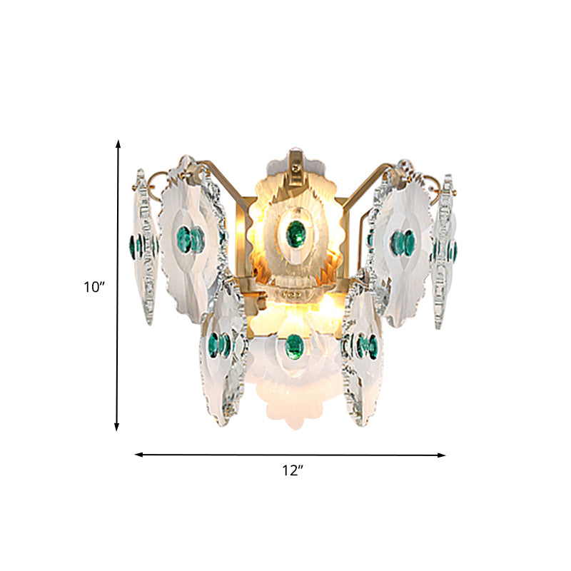 Gear Clear Crystal Wall Mounted Light Postmodern 2 Lights Sconce Light with Green/Gold Gem Clearhalo 'Modern wall lights' 'Modern' 'Wall Lamps & Sconces' 'Wall Lights' Lighting' 263193