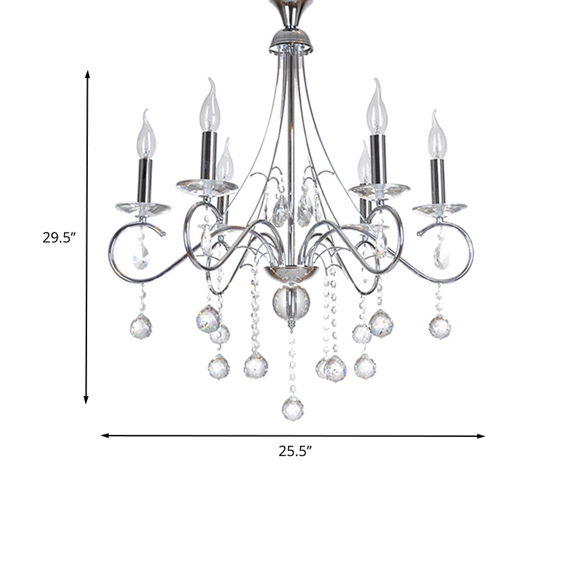 Candle Living Room Chandelier Lighting Traditional Metal 6 Heads Silver Hanging Light with Crystal Ball Decoration Clearhalo 'Ceiling Lights' 'Chandeliers' 'Modern Chandeliers' 'Modern' Lighting' 263200