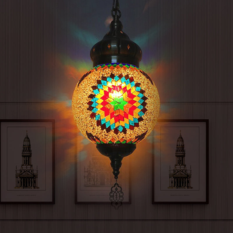 Antique Ball Hanging Light Colorful Glass 1/6 Bulbs Suspension Light for Living Room Clearhalo 'Ceiling Lights' 'Glass shade' 'Glass' 'Pendant Lights' 'Pendants' Lighting' 263264