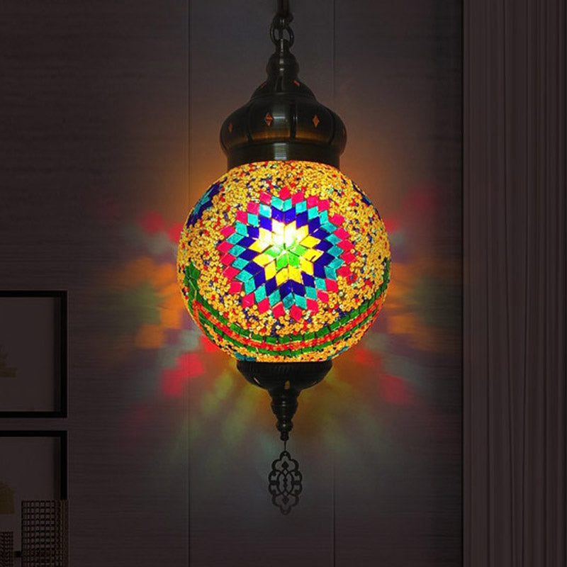 Antique Ball Hanging Light Colorful Glass 1/6 Bulbs Suspension Light for Living Room Copper C 1 Clearhalo 'Ceiling Lights' 'Glass shade' 'Glass' 'Pendant Lights' 'Pendants' Lighting' 263266