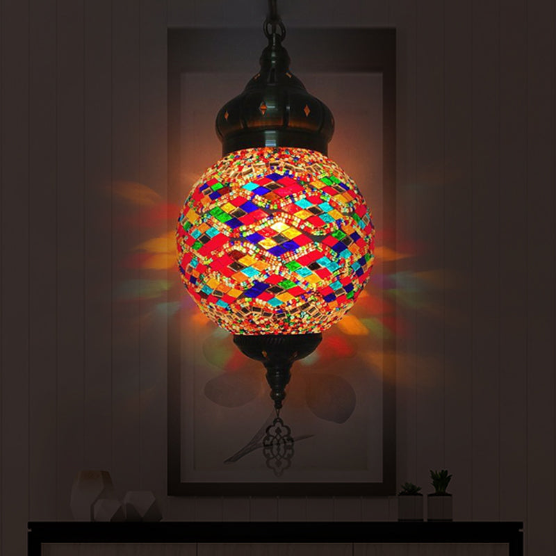 Antique Ball Hanging Light Colorful Glass 1/6 Bulbs Suspension Light for Living Room Copper D 1 Clearhalo 'Ceiling Lights' 'Glass shade' 'Glass' 'Pendant Lights' 'Pendants' Lighting' 263268