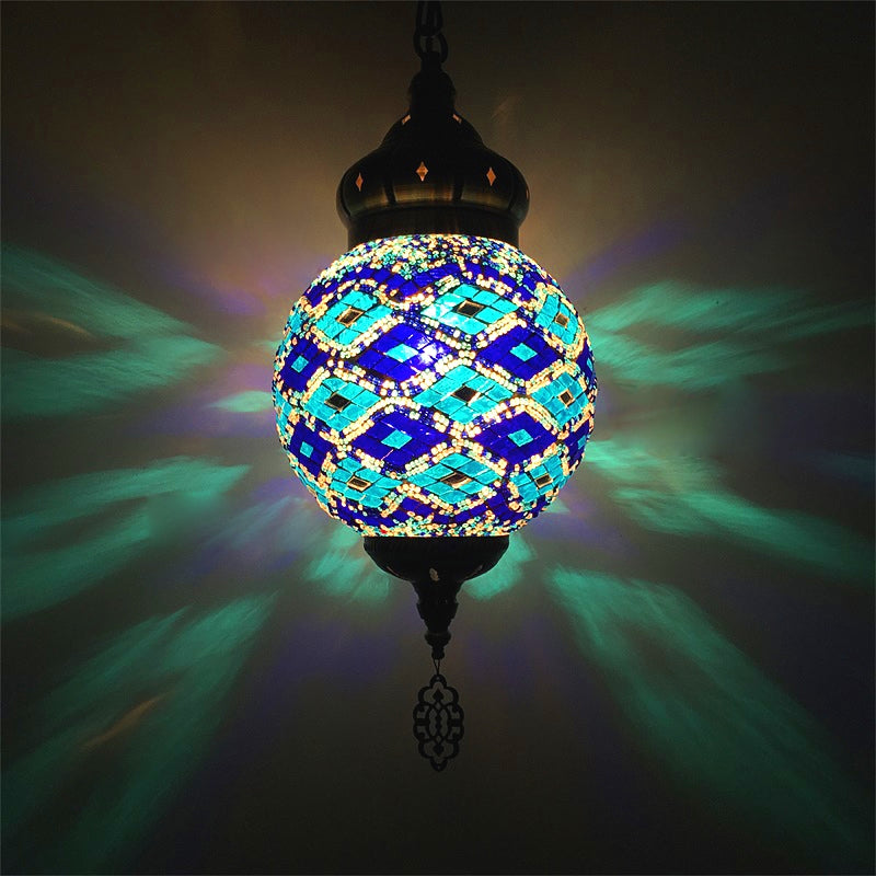 Antique Ball Hanging Light Colorful Glass 1/6 Bulbs Suspension Light for Living Room Copper E 1 Clearhalo 'Ceiling Lights' 'Glass shade' 'Glass' 'Pendant Lights' 'Pendants' Lighting' 263271