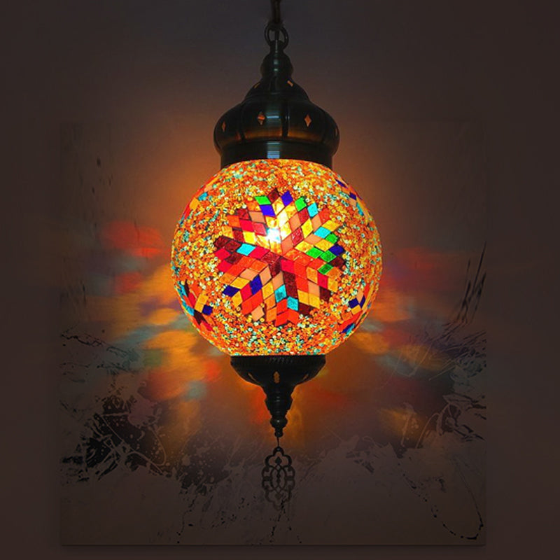 Antique Ball Hanging Light Colorful Glass 1/6 Bulbs Suspension Light for Living Room Copper F 1 Clearhalo 'Ceiling Lights' 'Glass shade' 'Glass' 'Pendant Lights' 'Pendants' Lighting' 263274