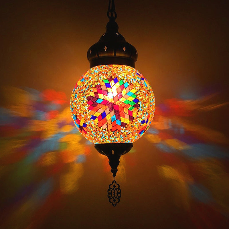 Antique Ball Hanging Light Colorful Glass 1/6 Bulbs Suspension Light for Living Room Clearhalo 'Ceiling Lights' 'Glass shade' 'Glass' 'Pendant Lights' 'Pendants' Lighting' 263275