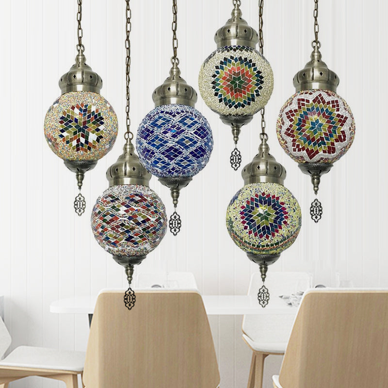 Antique Ball Hanging Light Colorful Glass 1/6 Bulbs Suspension Light for Living Room Multi-Color G 6 Clearhalo 'Ceiling Lights' 'Glass shade' 'Glass' 'Pendant Lights' 'Pendants' Lighting' 263277