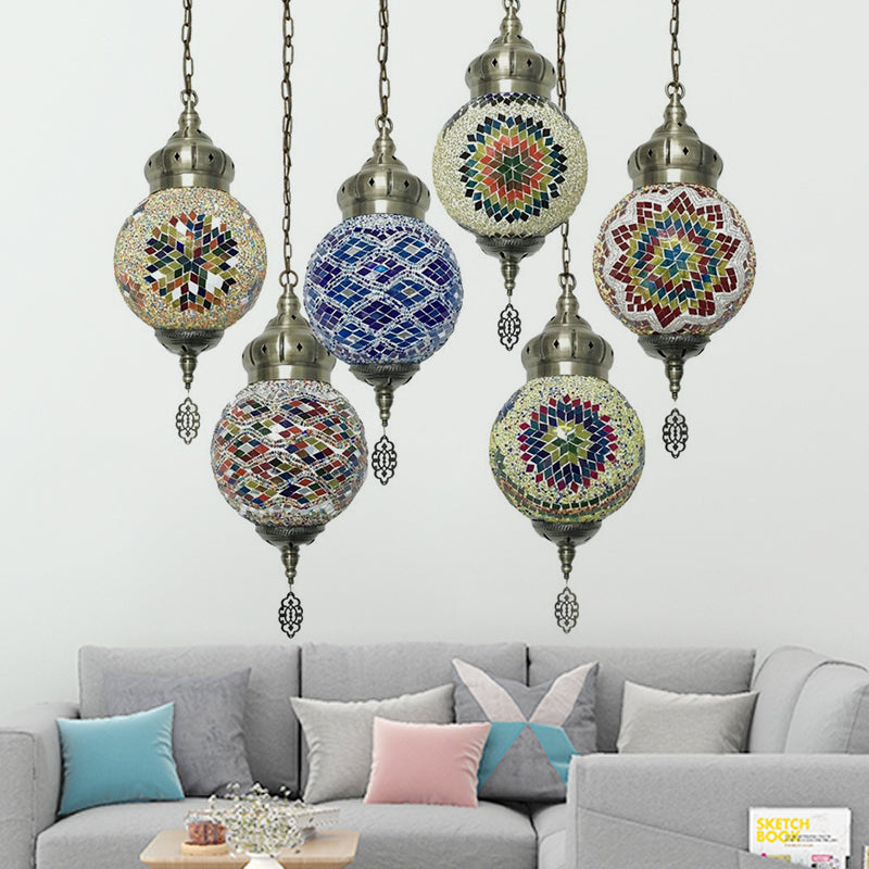 Antique Ball Hanging Light Colorful Glass 1/6 Bulbs Suspension Light for Living Room Clearhalo 'Ceiling Lights' 'Glass shade' 'Glass' 'Pendant Lights' 'Pendants' Lighting' 263278