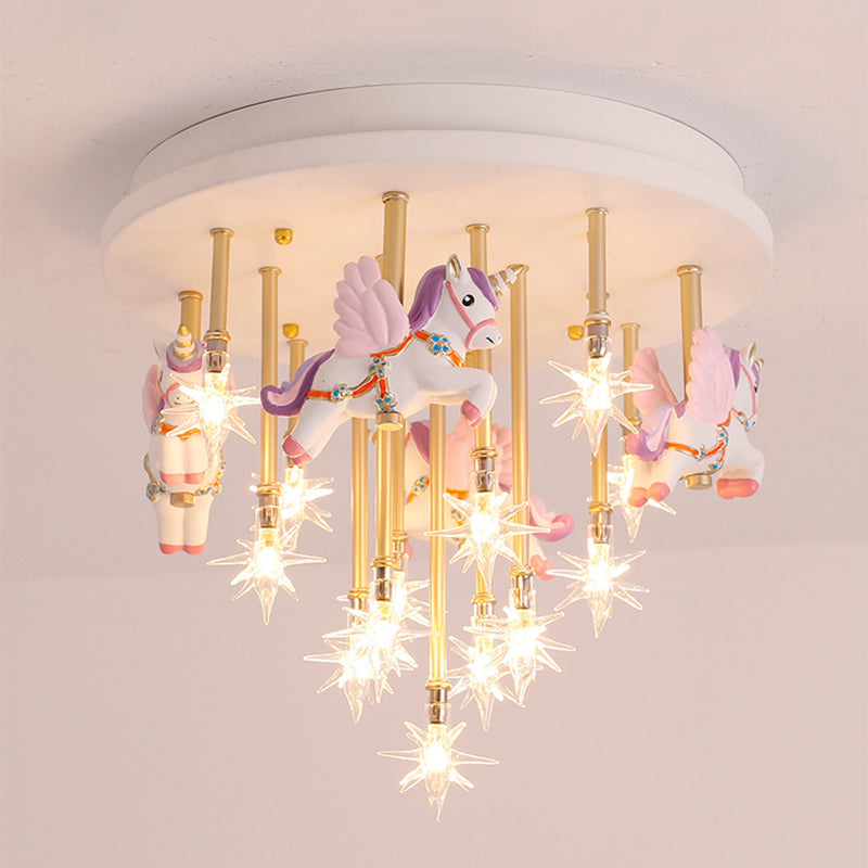 Resin Horse/Bird/Crane Ceiling Light Fixture Kids 13/16 Lights Blue/Pink Flush Mount Lighting with Clear Glass Shade Pink Horse Clearhalo 'Ceiling Lights' 'Close To Ceiling Lights' 'Close to ceiling' 'Flush mount' Lighting' 263558