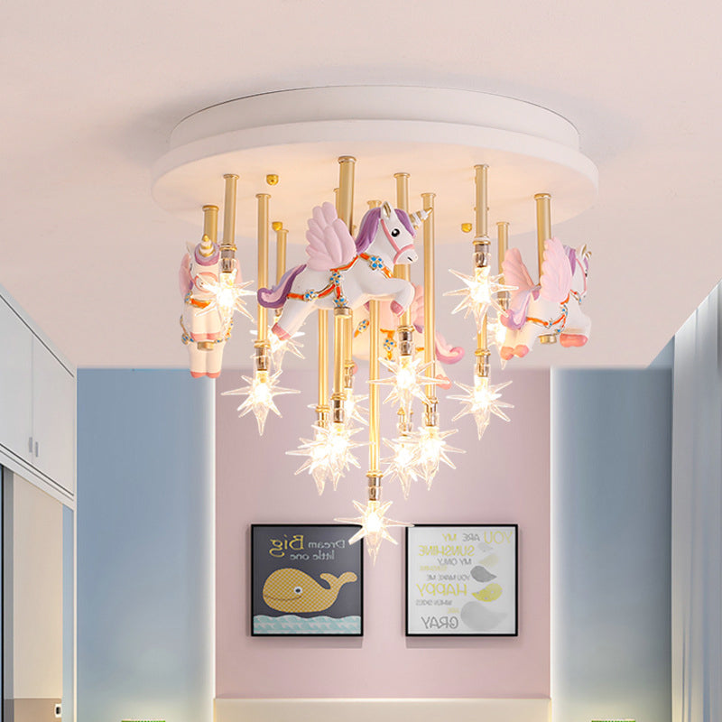 Resin Horse/Bird/Crane Ceiling Light Fixture Kids 13/16 Lights Blue/Pink Flush Mount Lighting with Clear Glass Shade Clearhalo 'Ceiling Lights' 'Close To Ceiling Lights' 'Close to ceiling' 'Flush mount' Lighting' 263559