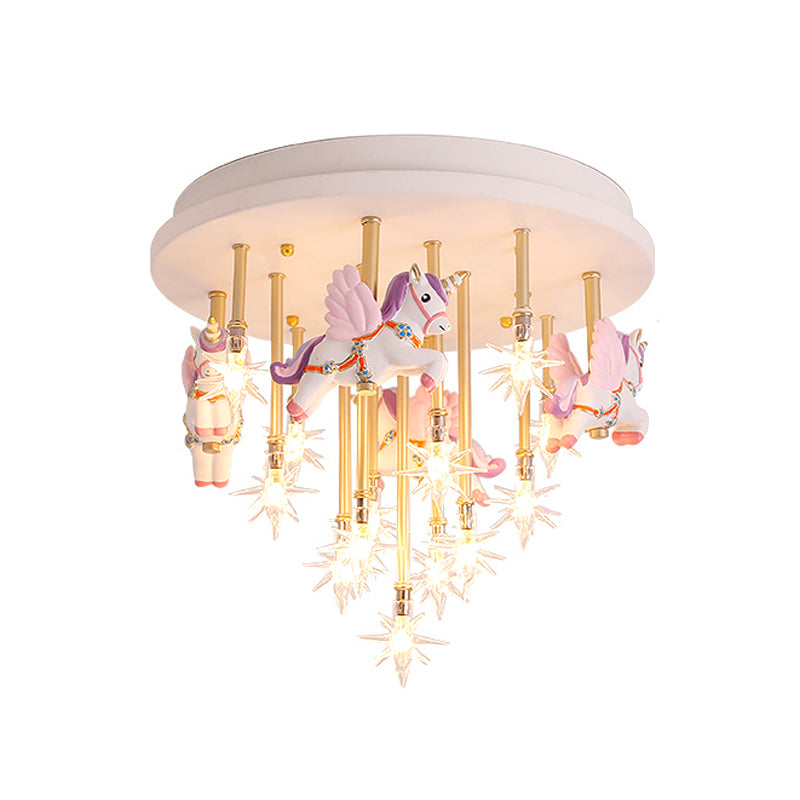 Resin Horse/Bird/Crane Ceiling Light Fixture Kids 13/16 Lights Blue/Pink Flush Mount Lighting with Clear Glass Shade Clearhalo 'Ceiling Lights' 'Close To Ceiling Lights' 'Close to ceiling' 'Flush mount' Lighting' 263561