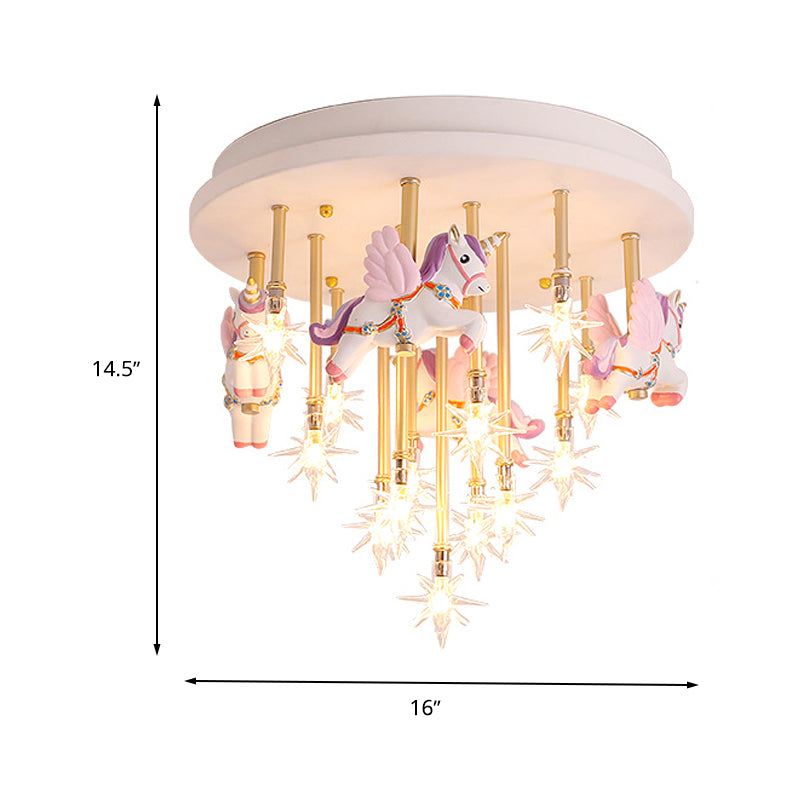 Resin Horse/Bird/Crane Ceiling Light Fixture Kids 13/16 Lights Blue/Pink Flush Mount Lighting with Clear Glass Shade Clearhalo 'Ceiling Lights' 'Close To Ceiling Lights' 'Close to ceiling' 'Flush mount' Lighting' 263562