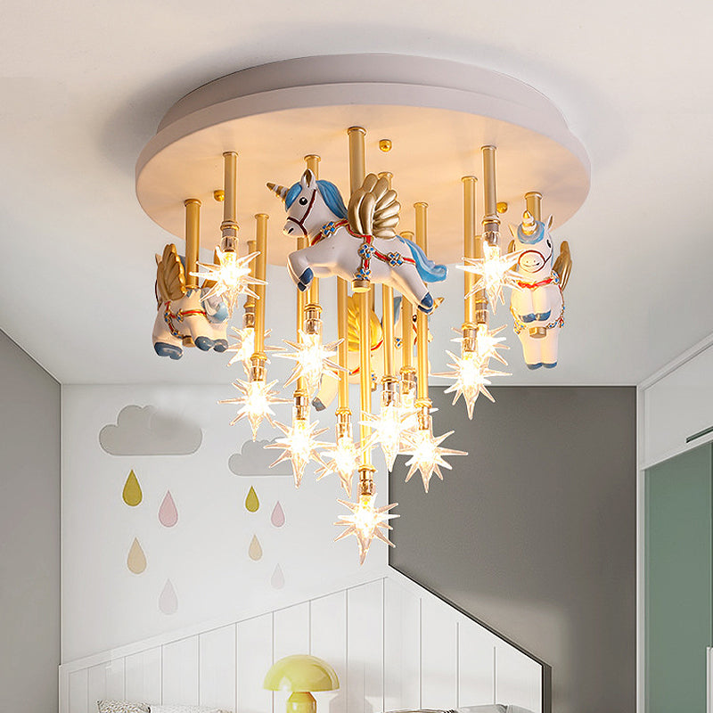 Resin Horse/Bird/Crane Ceiling Light Fixture Kids 13/16 Lights Blue/Pink Flush Mount Lighting with Clear Glass Shade Blue Horse Clearhalo 'Ceiling Lights' 'Close To Ceiling Lights' 'Close to ceiling' 'Flush mount' Lighting' 263564