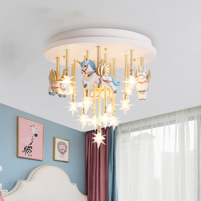 Resin Horse/Bird/Crane Ceiling Light Fixture Kids 13/16 Lights Blue/Pink Flush Mount Lighting with Clear Glass Shade Clearhalo 'Ceiling Lights' 'Close To Ceiling Lights' 'Close to ceiling' 'Flush mount' Lighting' 263565