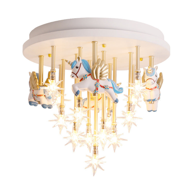 Resin Horse/Bird/Crane Ceiling Light Fixture Kids 13/16 Lights Blue/Pink Flush Mount Lighting with Clear Glass Shade Clearhalo 'Ceiling Lights' 'Close To Ceiling Lights' 'Close to ceiling' 'Flush mount' Lighting' 263567