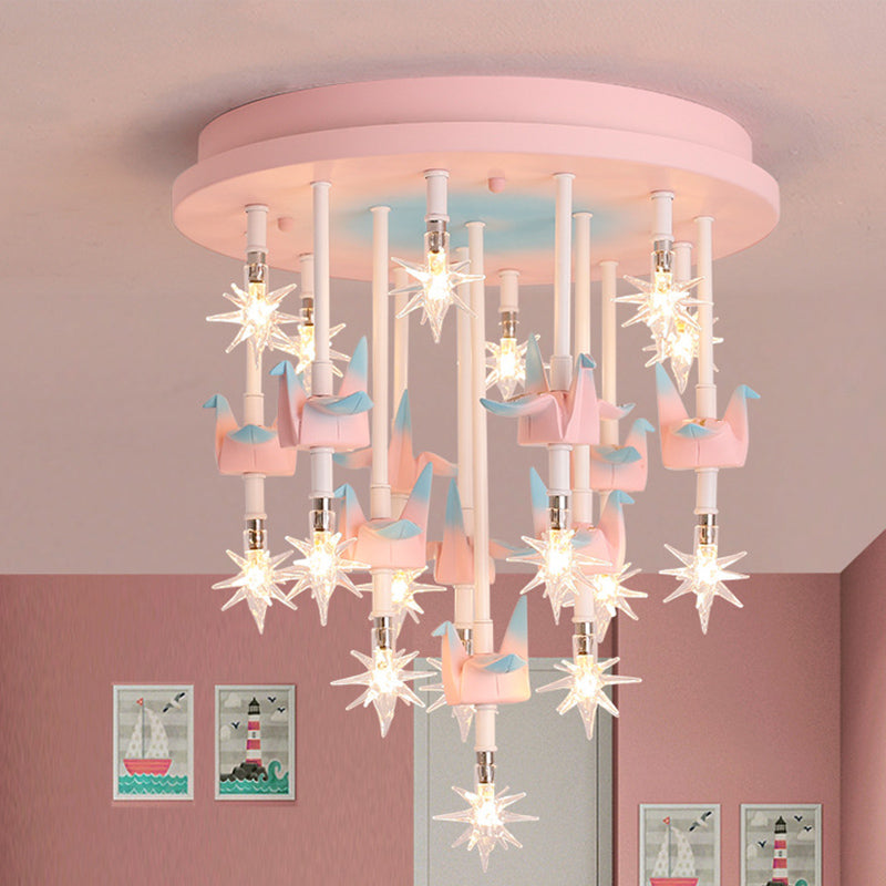 Resin Horse/Bird/Crane Ceiling Light Fixture Kids 13/16 Lights Blue/Pink Flush Mount Lighting with Clear Glass Shade Pink Bird Clearhalo 'Ceiling Lights' 'Close To Ceiling Lights' 'Close to ceiling' 'Flush mount' Lighting' 263568