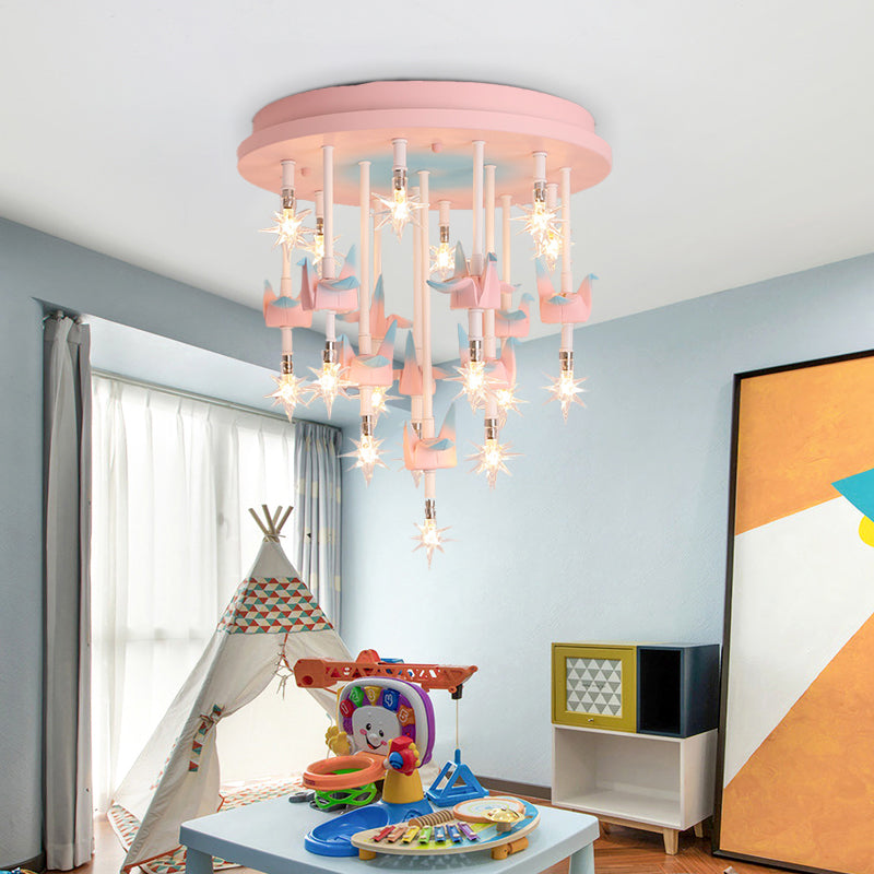 Resin Horse/Bird/Crane Ceiling Light Fixture Kids 13/16 Lights Blue/Pink Flush Mount Lighting with Clear Glass Shade Clearhalo 'Ceiling Lights' 'Close To Ceiling Lights' 'Close to ceiling' 'Flush mount' Lighting' 263569