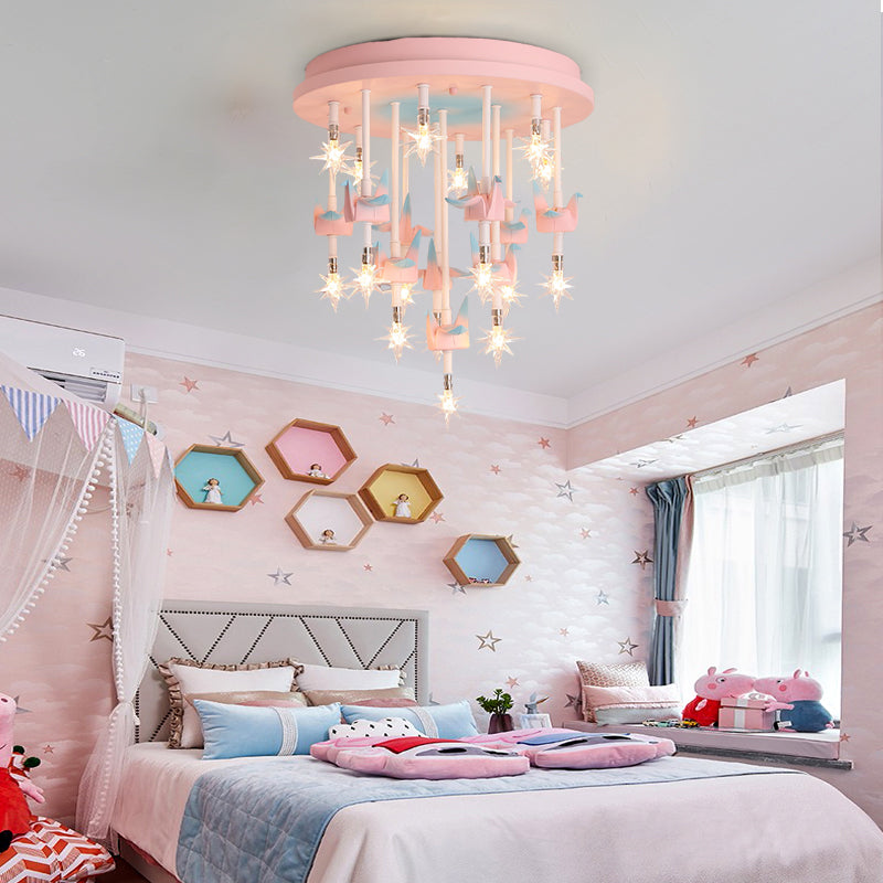 Resin Horse/Bird/Crane Ceiling Light Fixture Kids 13/16 Lights Blue/Pink Flush Mount Lighting with Clear Glass Shade Clearhalo 'Ceiling Lights' 'Close To Ceiling Lights' 'Close to ceiling' 'Flush mount' Lighting' 263570