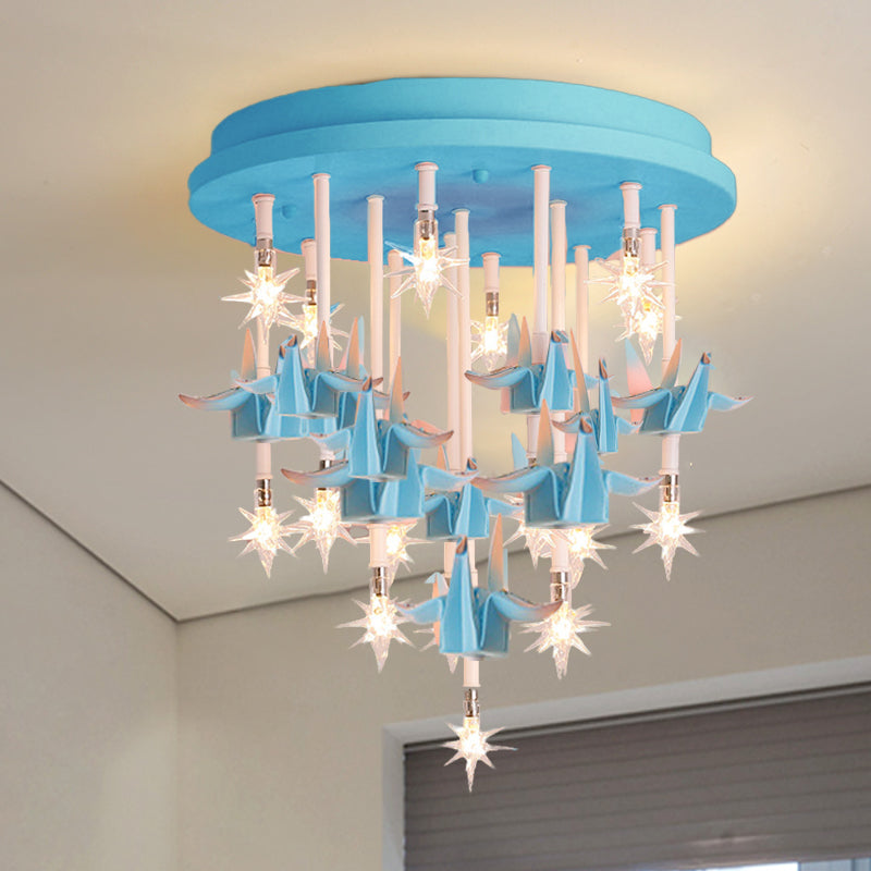 Resin Horse/Bird/Crane Ceiling Light Fixture Kids 13/16 Lights Blue/Pink Flush Mount Lighting with Clear Glass Shade Blue Bird Clearhalo 'Ceiling Lights' 'Close To Ceiling Lights' 'Close to ceiling' 'Flush mount' Lighting' 263573