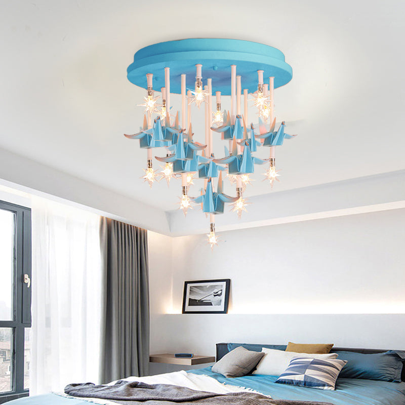 Resin Horse/Bird/Crane Ceiling Light Fixture Kids 13/16 Lights Blue/Pink Flush Mount Lighting with Clear Glass Shade Clearhalo 'Ceiling Lights' 'Close To Ceiling Lights' 'Close to ceiling' 'Flush mount' Lighting' 263574