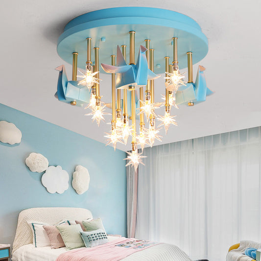 Resin Horse/Bird/Crane Ceiling Light Fixture Kids 13/16 Lights Blue/Pink Flush Mount Lighting with Clear Glass Shade Blue Crane Clearhalo 'Ceiling Lights' 'Close To Ceiling Lights' 'Close to ceiling' 'Flush mount' Lighting' 263577