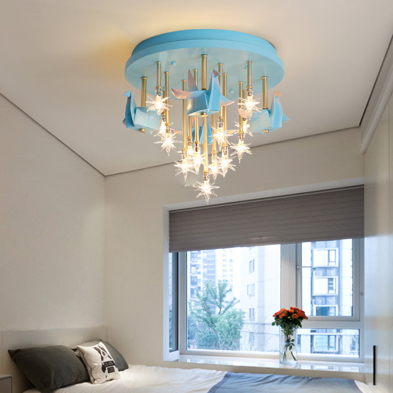 Resin Horse/Bird/Crane Ceiling Light Fixture Kids 13/16 Lights Blue/Pink Flush Mount Lighting with Clear Glass Shade Clearhalo 'Ceiling Lights' 'Close To Ceiling Lights' 'Close to ceiling' 'Flush mount' Lighting' 263579