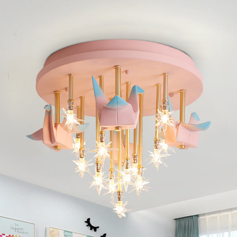 Resin Horse/Bird/Crane Ceiling Light Fixture Kids 13/16 Lights Blue/Pink Flush Mount Lighting with Clear Glass Shade Pink Crane Clearhalo 'Ceiling Lights' 'Close To Ceiling Lights' 'Close to ceiling' 'Flush mount' Lighting' 263582