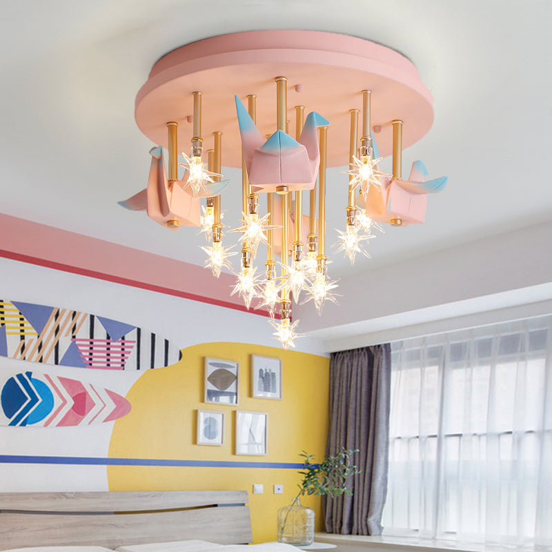 Resin Horse/Bird/Crane Ceiling Light Fixture Kids 13/16 Lights Blue/Pink Flush Mount Lighting with Clear Glass Shade Clearhalo 'Ceiling Lights' 'Close To Ceiling Lights' 'Close to ceiling' 'Flush mount' Lighting' 263583