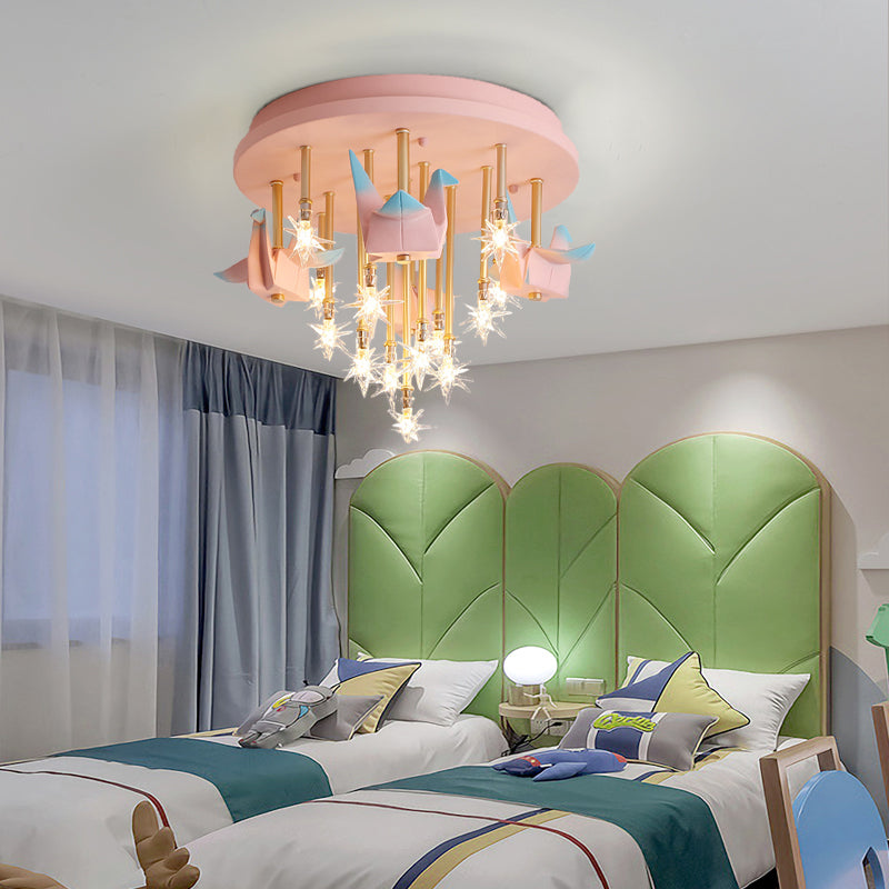 Resin Horse/Bird/Crane Ceiling Light Fixture Kids 13/16 Lights Blue/Pink Flush Mount Lighting with Clear Glass Shade Clearhalo 'Ceiling Lights' 'Close To Ceiling Lights' 'Close to ceiling' 'Flush mount' Lighting' 263584