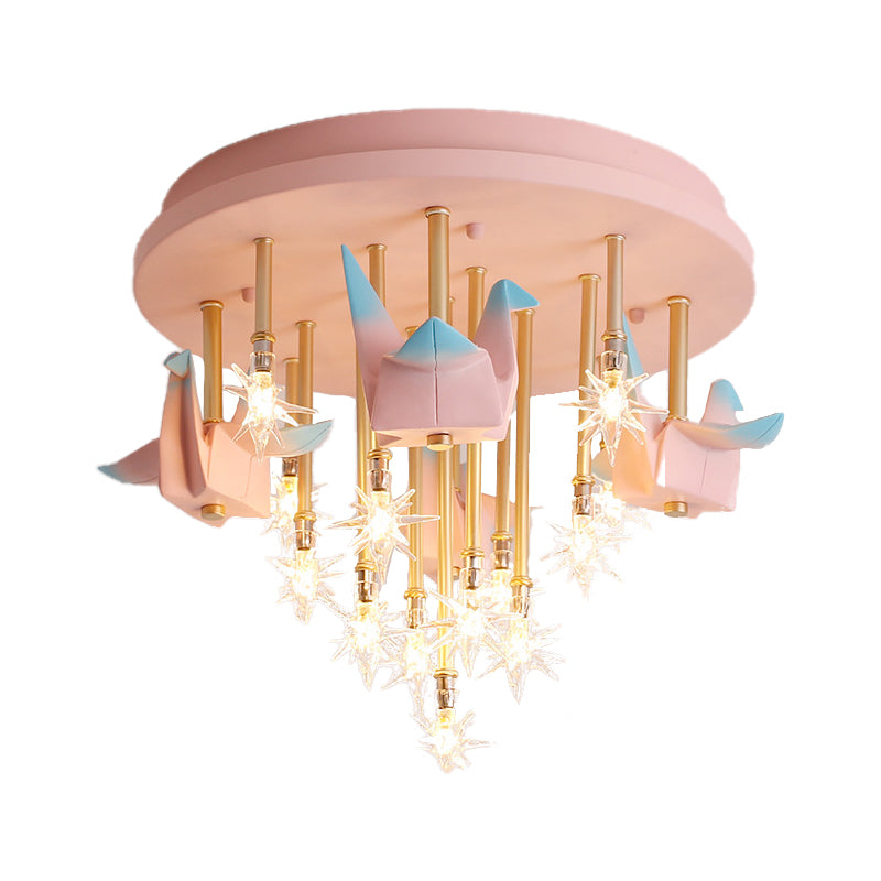 Resin Horse/Bird/Crane Ceiling Light Fixture Kids 13/16 Lights Blue/Pink Flush Mount Lighting with Clear Glass Shade Clearhalo 'Ceiling Lights' 'Close To Ceiling Lights' 'Close to ceiling' 'Flush mount' Lighting' 263585