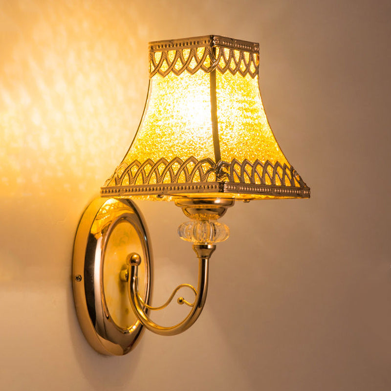 Single Bulb Bell Wall Sconce Colonial Gold Beveled Glass Wall Light with Arched Arm for Indoor Clearhalo 'Wall Lamps & Sconces' 'Wall Lights' Lighting' 263610