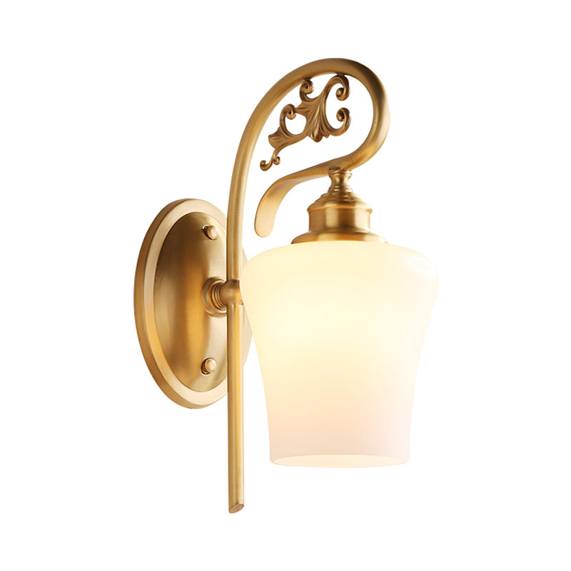 Brass 1 Head Wall Lighting Colonial White Glass Conical Wall Mounted Light for Living Room Clearhalo 'Wall Lamps & Sconces' 'Wall Lights' Lighting' 263623