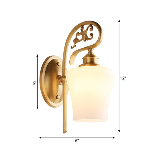 Brass 1 Head Wall Lighting Colonial White Glass Conical Wall Mounted Light for Living Room Clearhalo 'Wall Lamps & Sconces' 'Wall Lights' Lighting' 263624