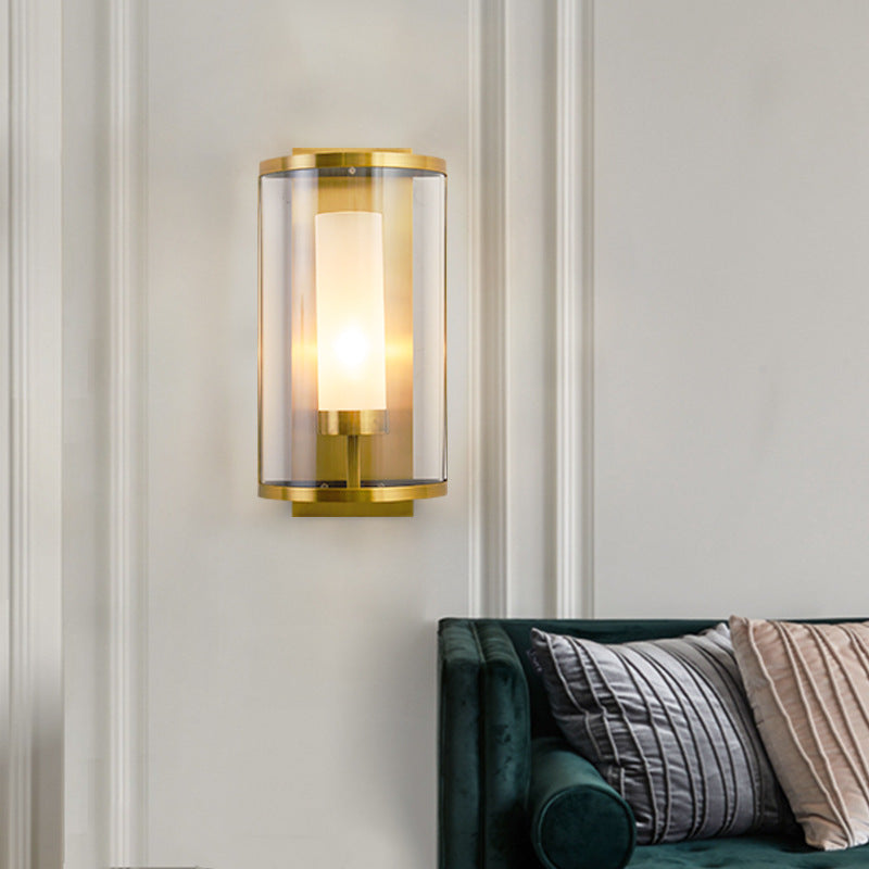 Gold Half-Cylinder Wall Lamp Colonial Clear Glass 1 Light Bedroom Wall Mount Lighting Gold Clearhalo 'Wall Lamps & Sconces' 'Wall Lights' Lighting' 263649