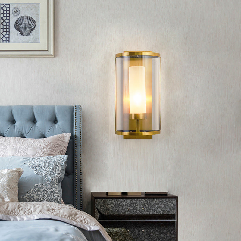 Gold Half-Cylinder Wall Lamp Colonial Clear Glass 1 Light Bedroom Wall Mount Lighting Clearhalo 'Wall Lamps & Sconces' 'Wall Lights' Lighting' 263650