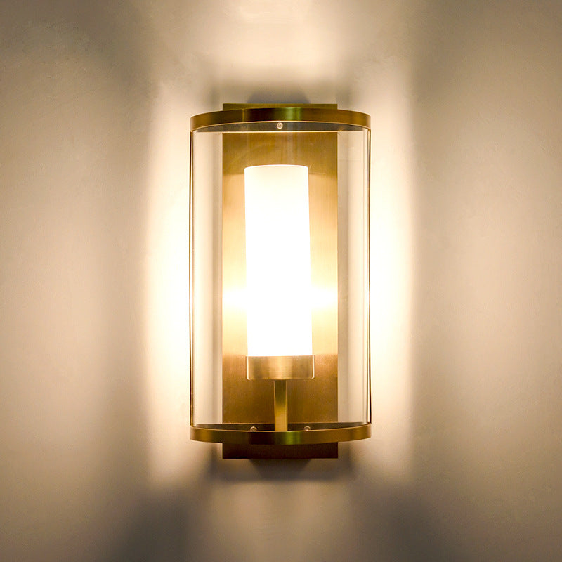 Gold Half-Cylinder Wall Lamp Colonial Clear Glass 1 Light Bedroom Wall Mount Lighting Clearhalo 'Wall Lamps & Sconces' 'Wall Lights' Lighting' 263651