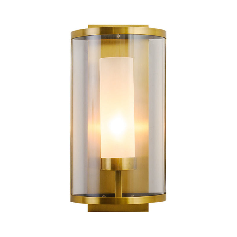 Gold Half-Cylinder Wall Lamp Colonial Clear Glass 1 Light Bedroom Wall Mount Lighting Clearhalo 'Wall Lamps & Sconces' 'Wall Lights' Lighting' 263652