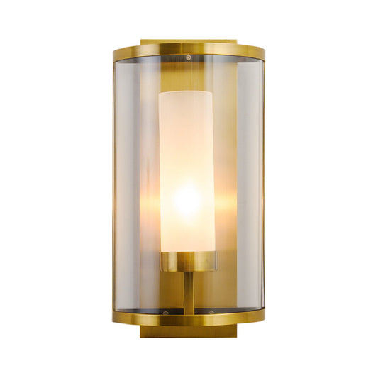 Gold Half-Cylinder Wall Lamp Colonial Clear Glass 1 Light Bedroom Wall Mount Lighting Clearhalo 'Wall Lamps & Sconces' 'Wall Lights' Lighting' 263652