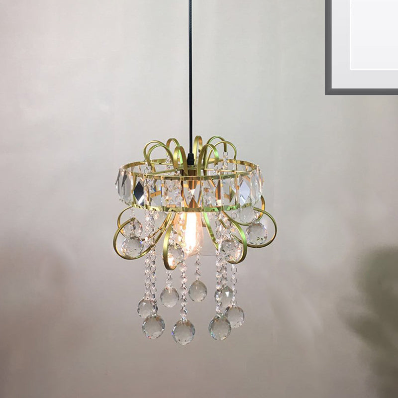 Circular Mini Suspension Pendant Light Simple Iron Frame 1 Bulb Gold Ceiling Light Fixture with Crystal Droplet Clearhalo 'Ceiling Lights' 'Modern Pendants' 'Modern' 'Pendant Lights' 'Pendants' Lighting' 263657