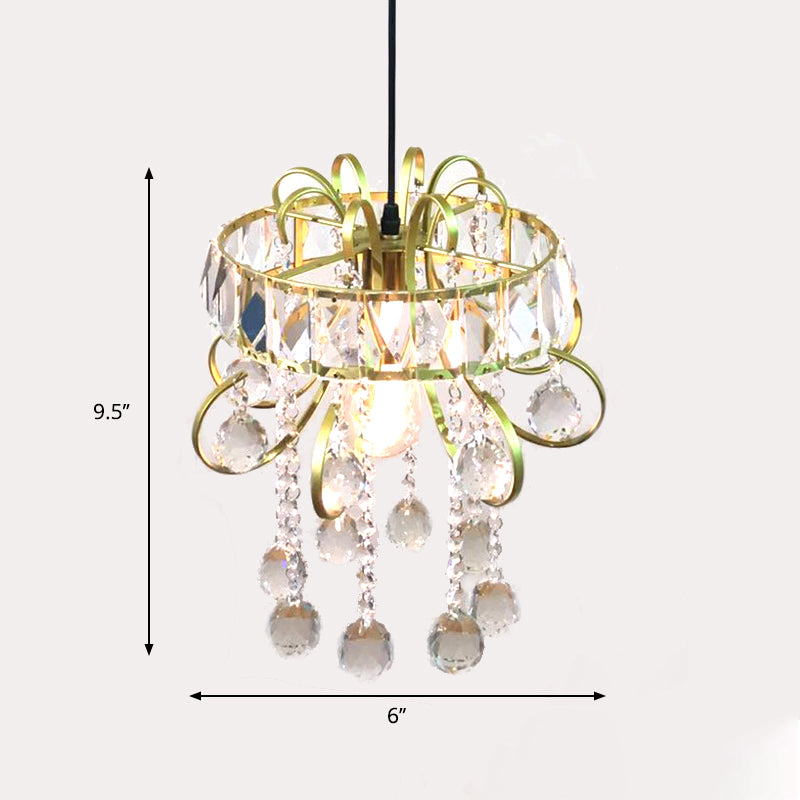 Circular Mini Suspension Pendant Light Simple Iron Frame 1 Bulb Gold Ceiling Light Fixture with Crystal Droplet Clearhalo 'Ceiling Lights' 'Modern Pendants' 'Modern' 'Pendant Lights' 'Pendants' Lighting' 263660