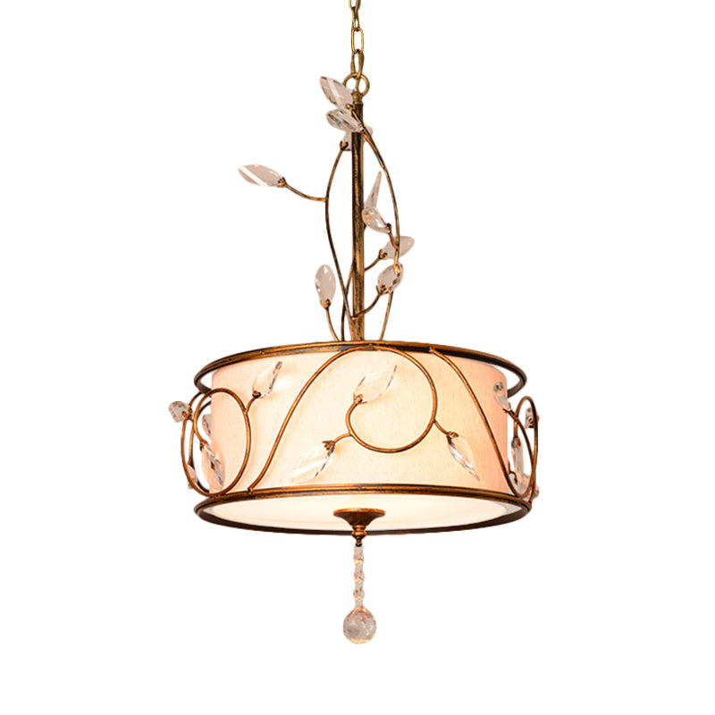 Iron Gold Ceiling Chandelier 16"/19.5" Dia 3-Light Round Antique Suspension Pendant with Crystal Accent and Fabric Shade Clearhalo 'Ceiling Lights' 'Chandeliers' Lighting' options 263667