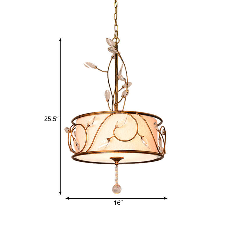 Iron Gold Ceiling Chandelier 16"/19.5" Dia 3-Light Round Antique Suspension Pendant with Crystal Accent and Fabric Shade Clearhalo 'Ceiling Lights' 'Chandeliers' Lighting' options 263668