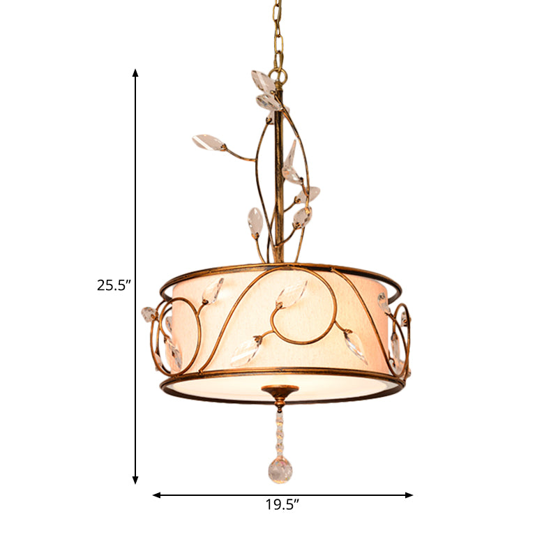 Iron Gold Ceiling Chandelier 16"/19.5" Dia 3-Light Round Antique Suspension Pendant with Crystal Accent and Fabric Shade Clearhalo 'Ceiling Lights' 'Chandeliers' Lighting' options 263669