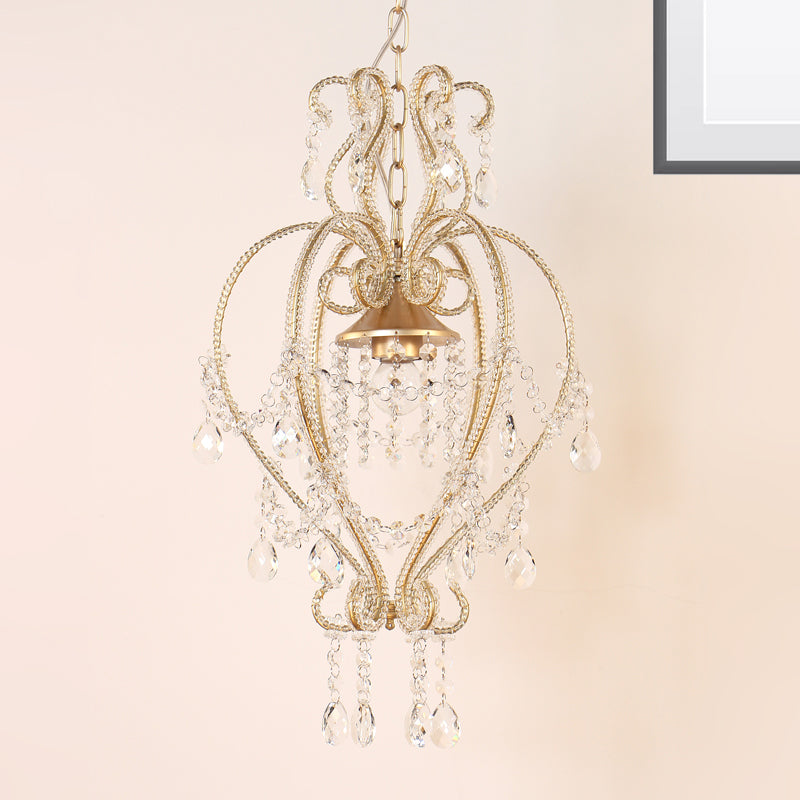 Scroll Frame Pendant Lamp Victorian Style Metallic Single Golden Ceiling Light with Dangling Crystal Accent Clearhalo 'Ceiling Lights' 'Modern Pendants' 'Modern' 'Pendant Lights' 'Pendants' Lighting' 263671