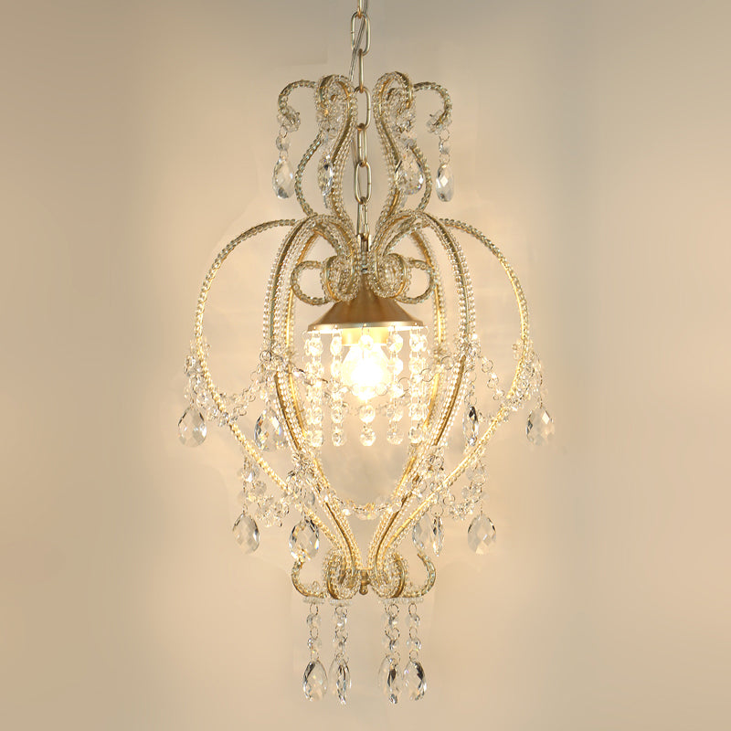 Scroll Frame Pendant Lamp Victorian Style Metallic Single Golden Ceiling Light with Dangling Crystal Accent Gold Clearhalo 'Ceiling Lights' 'Modern Pendants' 'Modern' 'Pendant Lights' 'Pendants' Lighting' 263672