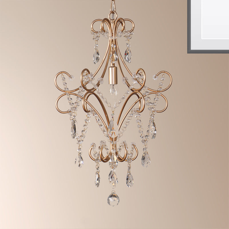 French Style Curvy Armed Ceiling Suspension Lamp 1 Bulb Metal Hanging Ceiling Pendant with Crystal Draping in Gold Clearhalo 'Ceiling Lights' 'Modern Pendants' 'Modern' 'Pendant Lights' 'Pendants' Lighting' 263678